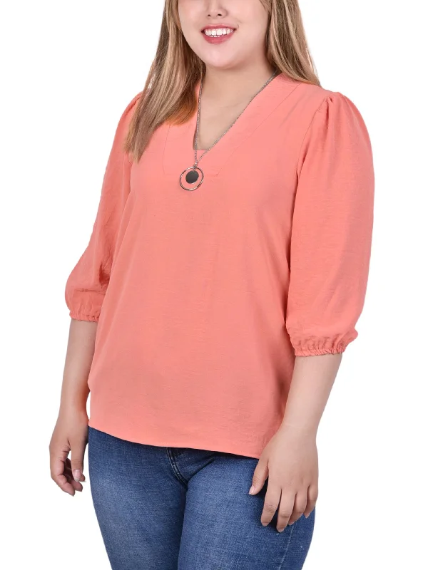 Plus Size 3/4 Puff Sleeve Blouse With Detachable Necklace Cool Women's Skate