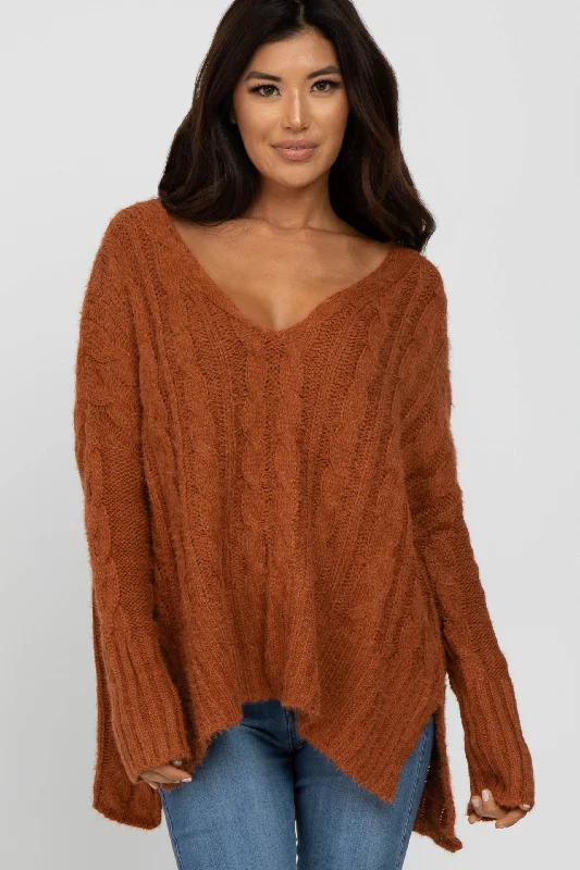 Camel V-Neck Side Slit Cable Knit Sweater Women
