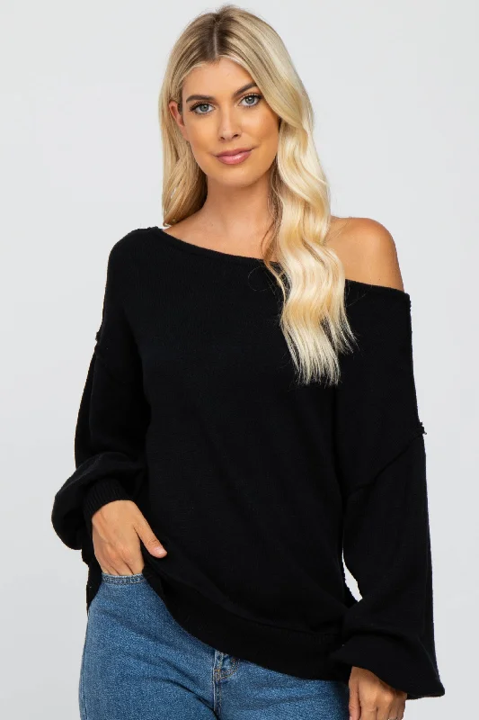 Black Boat Neck Bubble Sleeve Sweater Monochromatic All - in - one
