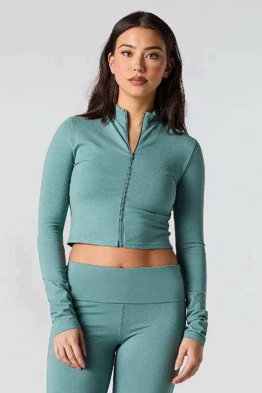 Active Cropped Zip-Up Long Sleeve Top Laid - back Women's Vibe