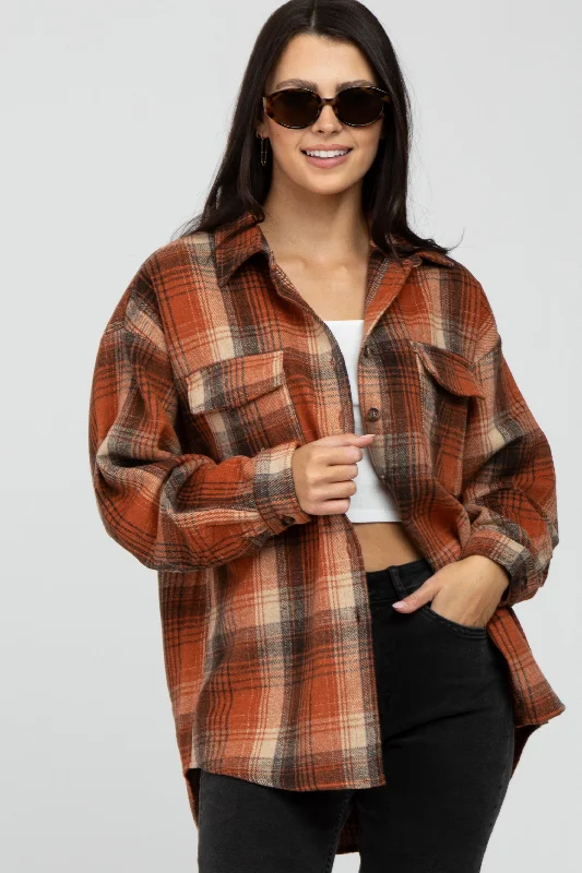 Rust Plaid Shacket Trendy Women's Oversized