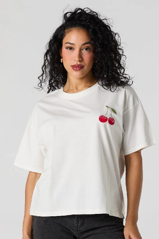 Cherry Embroidered T-Shirt Casual Women's Japanese 