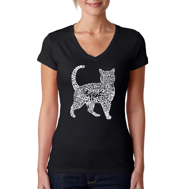 Cat  - Women's Word Art V-Neck T-Shirt Modern Women's Tech