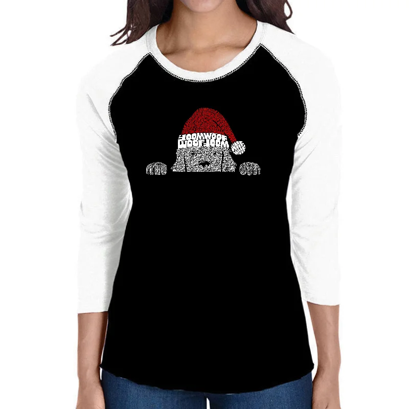 Christmas Peeking Dog - Women's Raglan Word Art T-Shirt Trendy Women's 