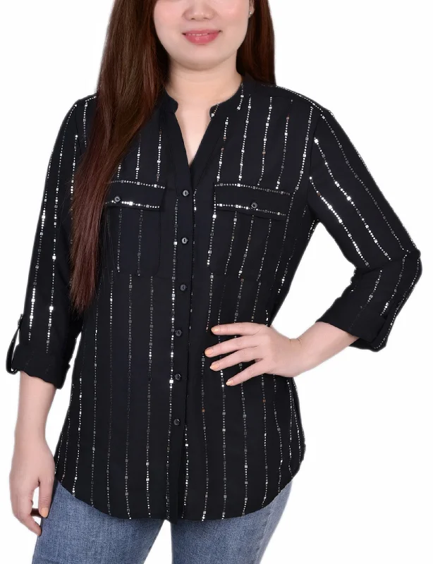 3/4 Sleeve Roll Tab Blouse With Metallic Details Business