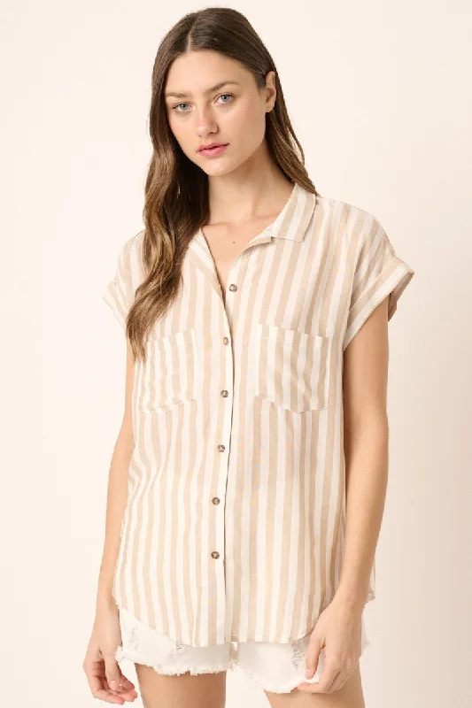 Taupe Button Down Chest Pocket Shirt Top Tough Women's Military - inspired