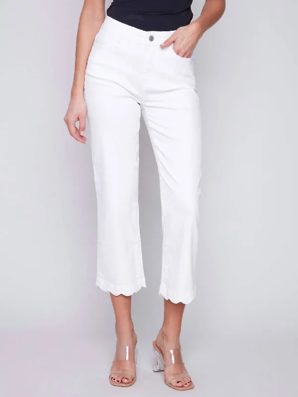 Straight Leg Twill Denim Scalloped Hem Jeans In White