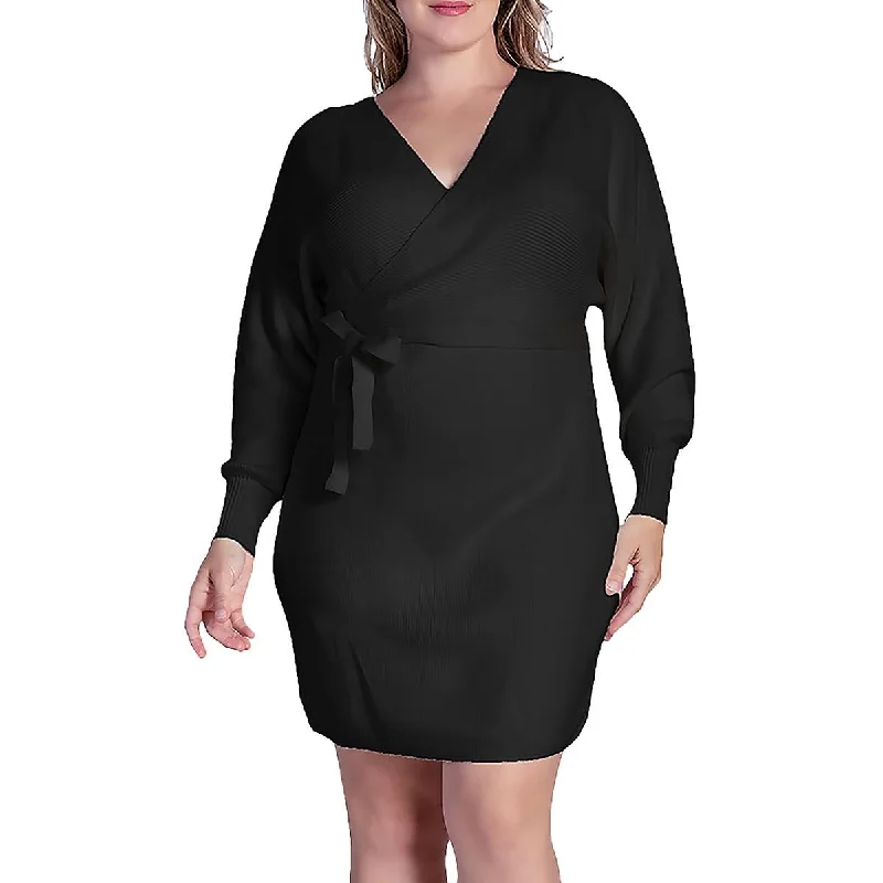 Standards & Practices Womens Plus Belted Mini Sweaterdress