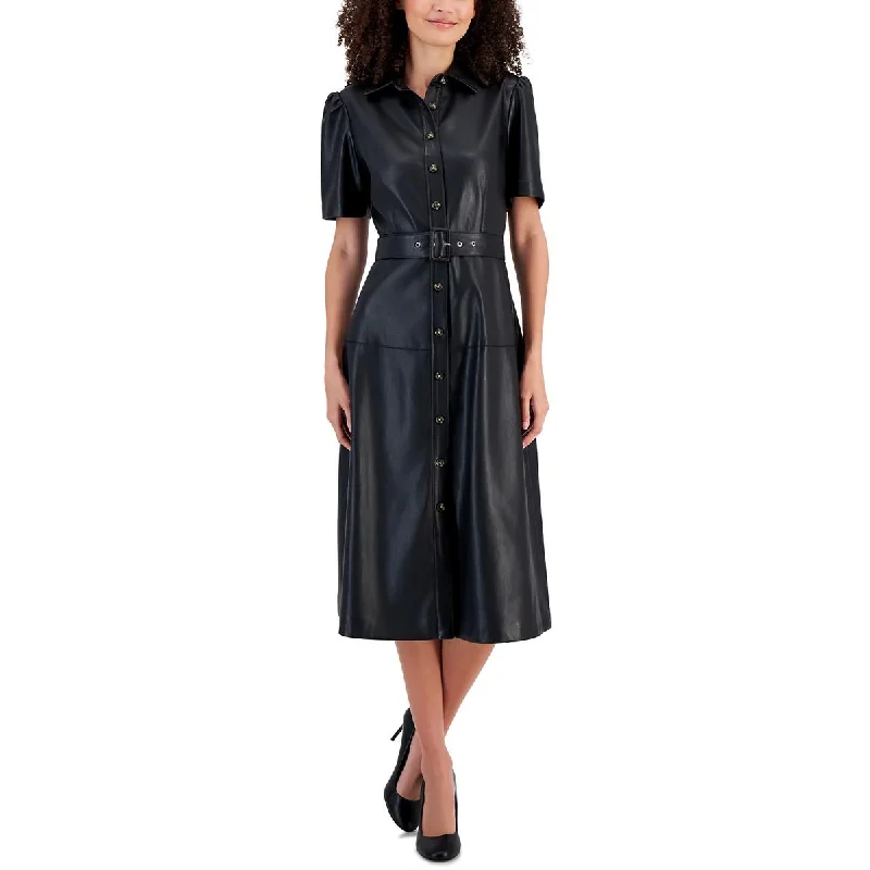 T Tahari Womens Faux Leather Mid Calf Shirtdress