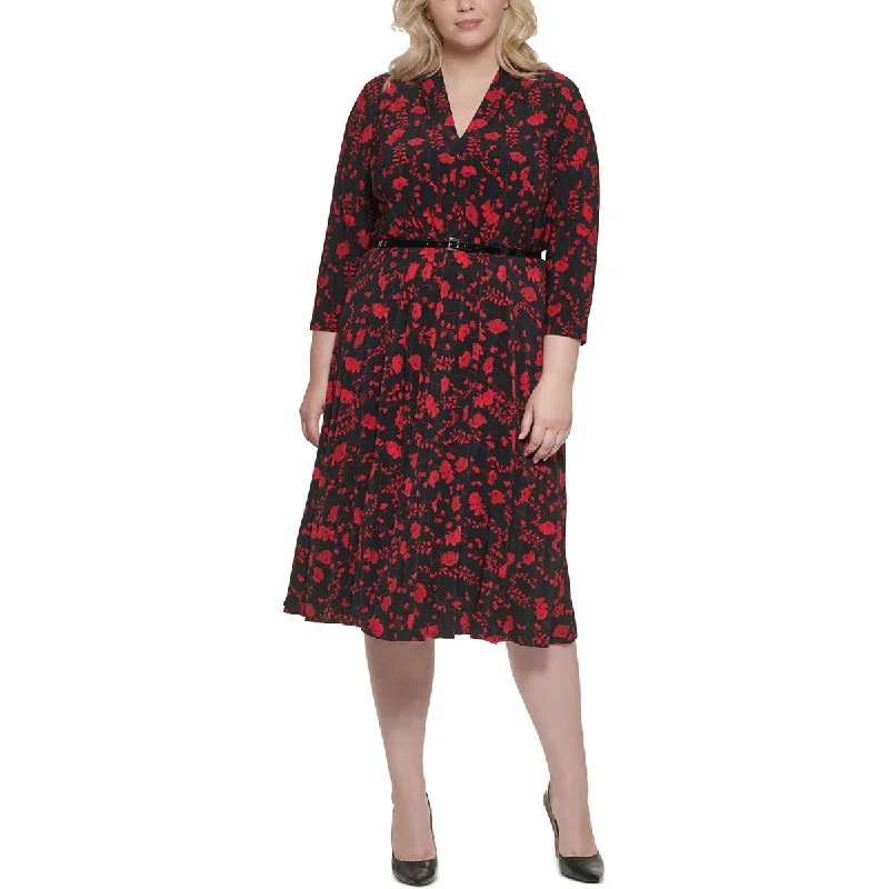 Tommy Hilfiger Womens Plus Matte Jersey Floral Print Fit & Flare Dress