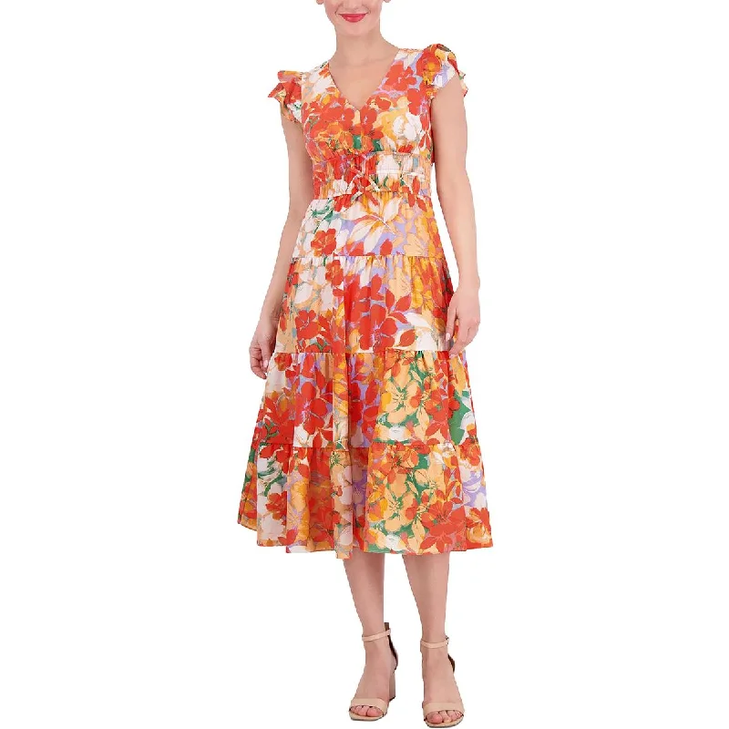 Vince Camuto Womens Flutter Sleeve Floral Print Midi Dress