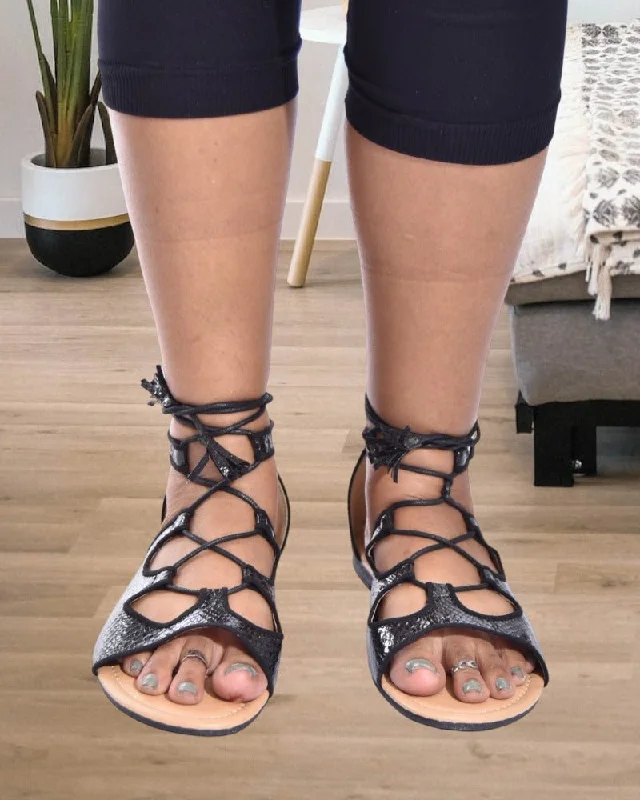 Black Lace Up Gladiator Sandals