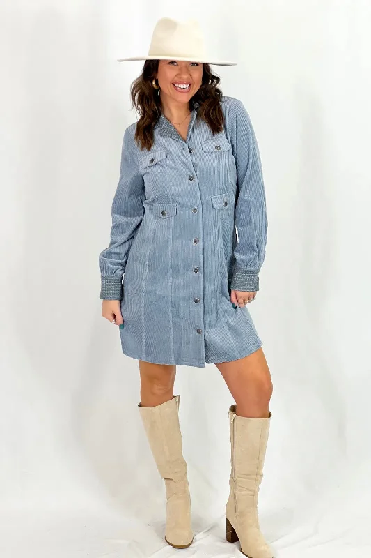 Denim Blue Corduroy Button Up Dress