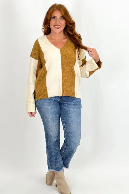 Light Camel Wide Stripe V-Neck Sweater