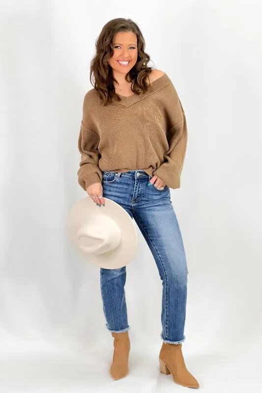 Mocha Exposed V-Neck Sweater