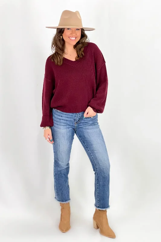 Oxblood Exposed V-Neck Sweater