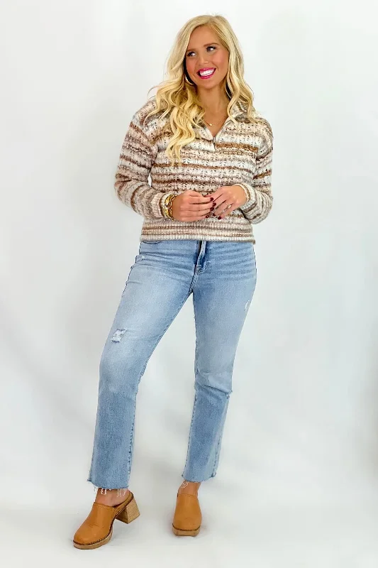 Brown Multi Stripe Knit Zip Up Sweater