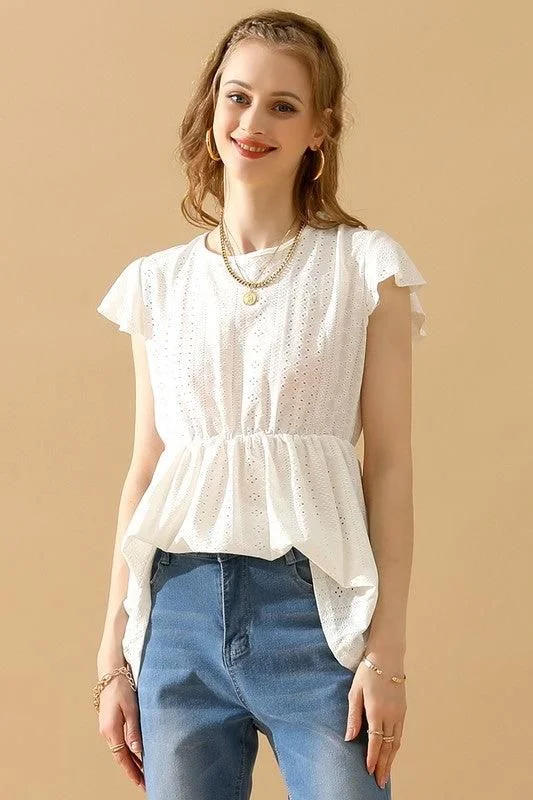 RUFFLED ELASTIC WAIST PUNCHING LACE TEE