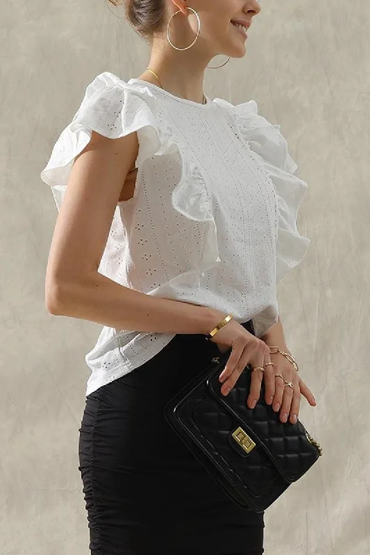 RUFFLED SLEEVE PUNCHING LACE CREW NECK TEE