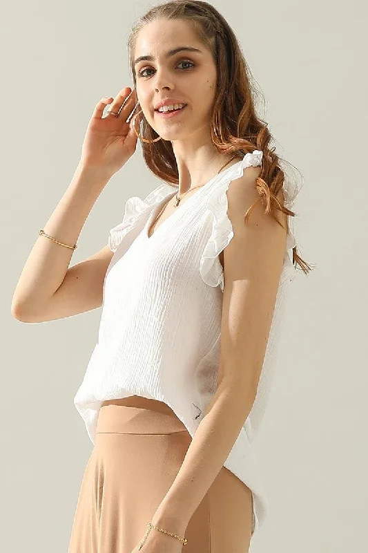 V NECK RUFFLED SLEEVE COTTON TOP