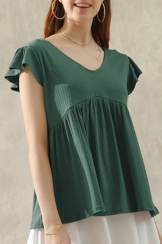 V NECK RUFFLED SHORT SLEEVE FLARE TUNIC TOP