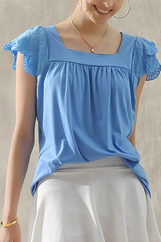 PUNCHING LACE ANGEL SLEEVE SQUARE NECK TUNIC TOP