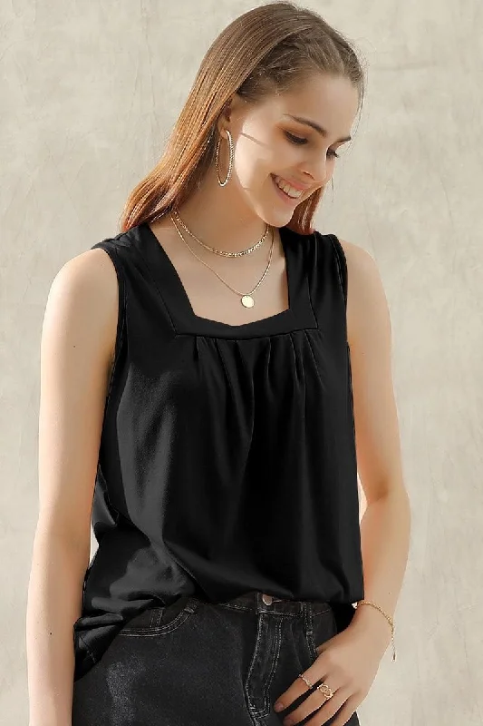 SQUARE NECK WRINKLED CHEST SLEEVELESS TOP