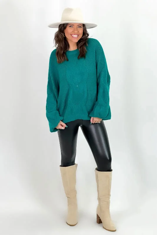 Teal Green Cable Knit Bell Sleeve Sweater