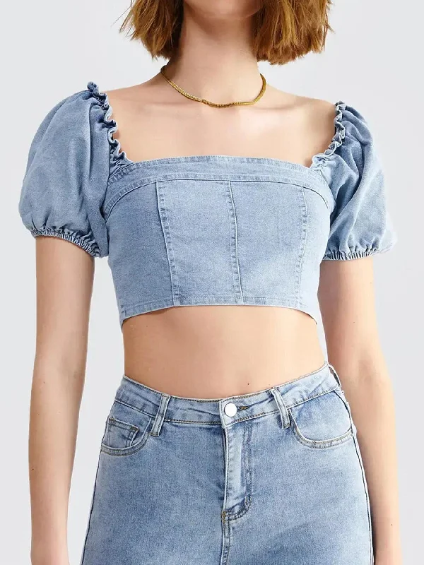 Frill Zipper Puff Sleeve Crop Denim Top