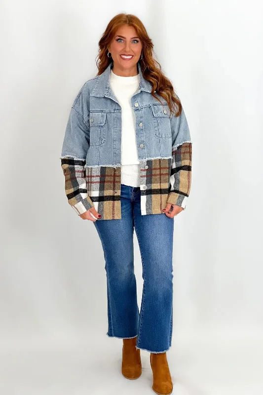 Denim Color Block Plaid Denim Jacket