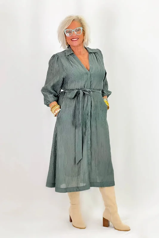 Seaweed Textured Belted Puff Sleeve Dress