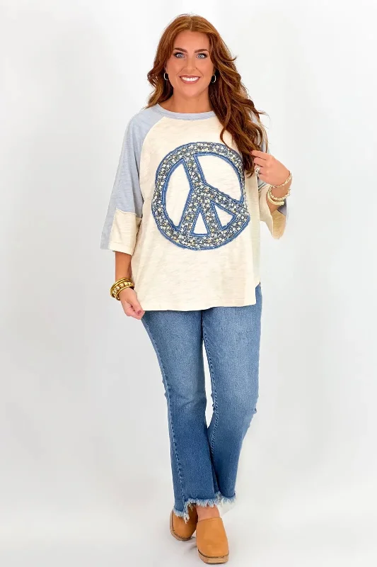 Blue and Natural Patchwork Peace Sign Top