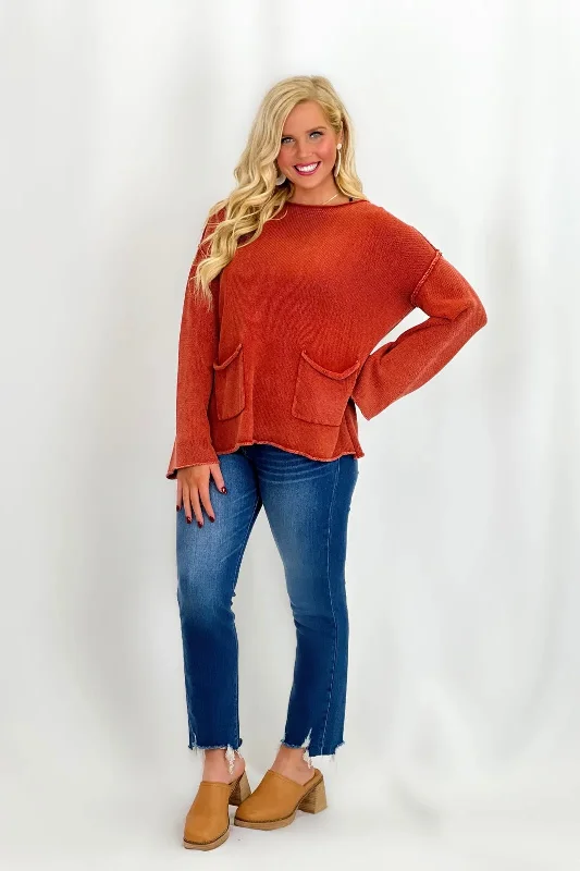 Brick Two Pocket Long Sleeve Knit Sweater