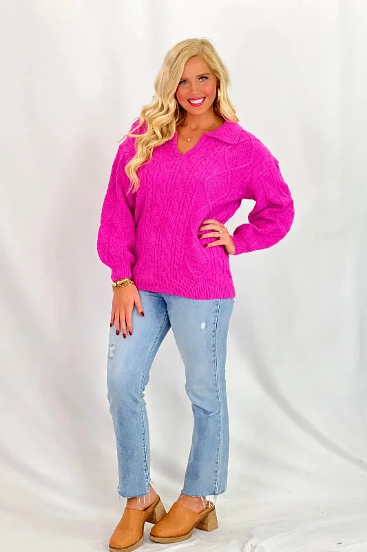 Hot Pink Textured Cable Knit Sweater