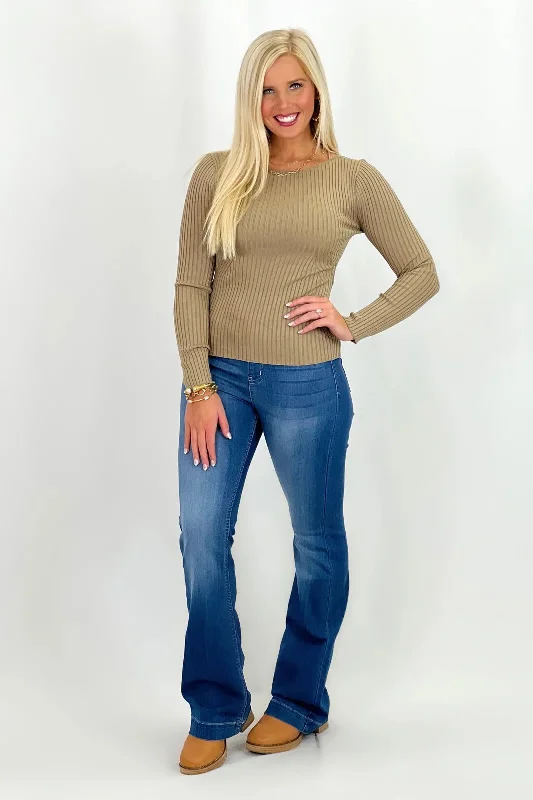 Taupe Boat Neck Long Sleeve Knit Sweater